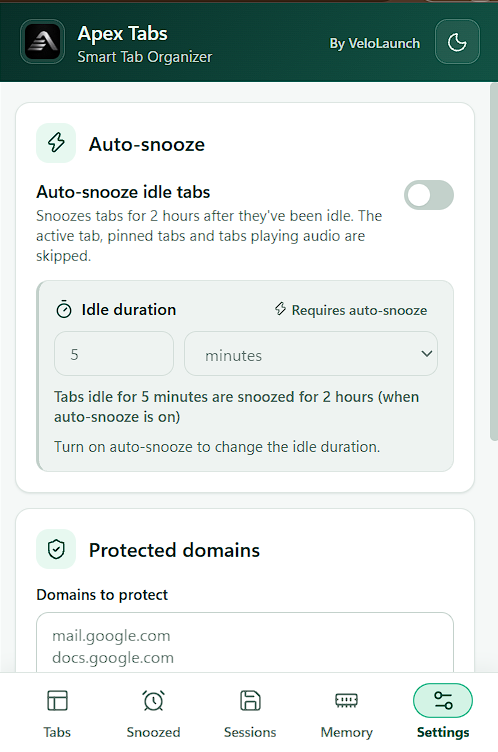 Settings screen showing auto-snooze, idle-duration controls, and protected domains.