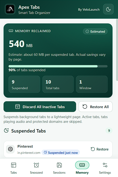 Memory screen showing an estimated memory figure, suspend and restore controls, and a suspended-tab list.