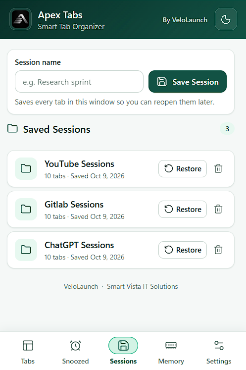 Saved Sessions screen with a session-name field and three locally saved sessions.