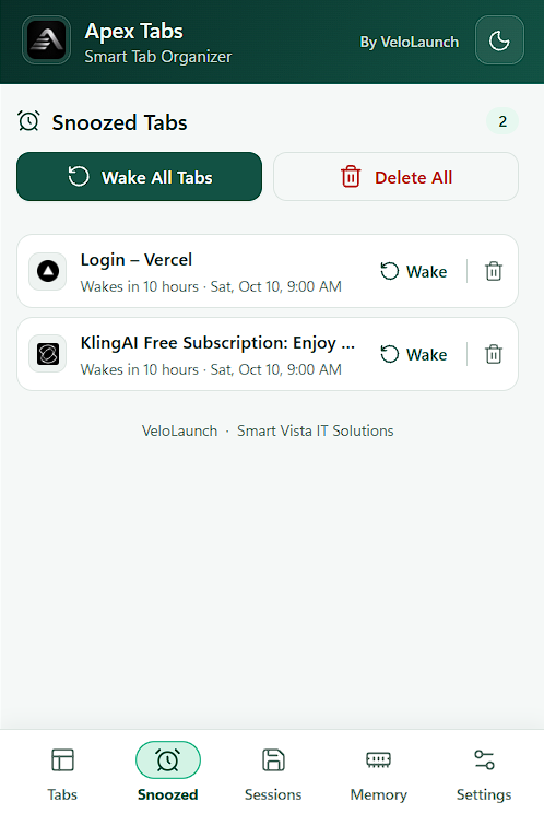 Snoozed Tabs screen with two scheduled tabs and Wake All Tabs and Delete All controls.