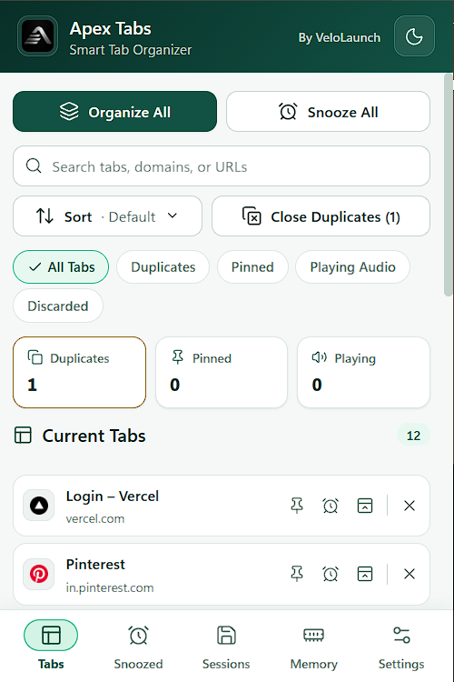 Light-mode Current Tabs dashboard with search, sorting, duplicate controls, filters, metrics, and two tab rows.